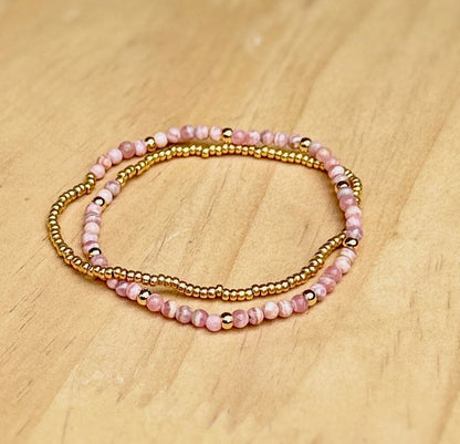 Rhodochrosite Gemstone Double-Wrap Stretchy Bracelet – Gold or Silver Accents