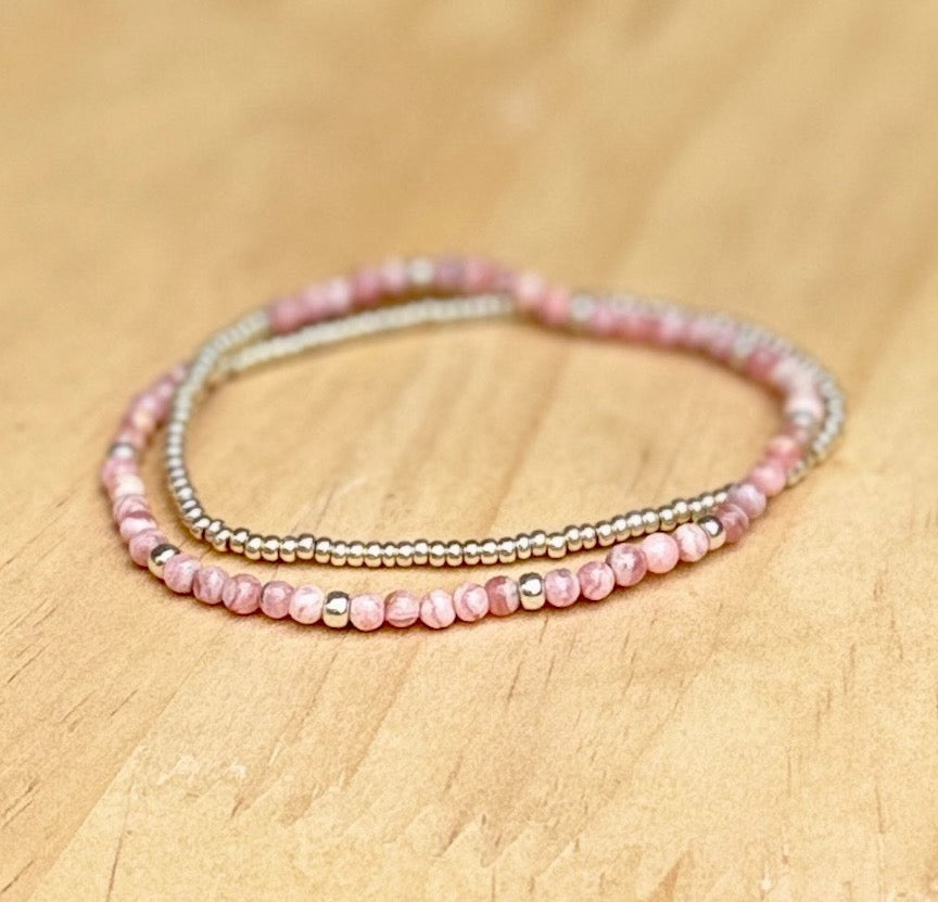 Rhodochrosite Gemstone Double-Wrap Stretchy Bracelet – Gold or Silver Accents