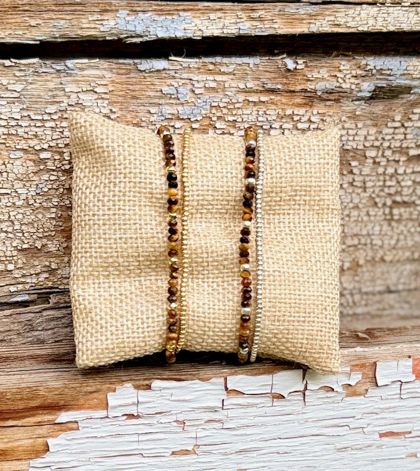 Tiger's Eye Gemstone Double-Wrap Stretchy Bracelet – Gold or Silver Accents