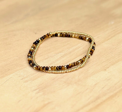 Tiger's Eye Gemstone Double-Wrap Stretchy Bracelet – Gold or Silver Accents