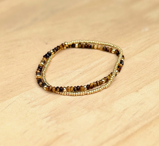 Tiger's Eye Gemstone Double-Wrap Stretchy Bracelet – Gold or Silver Accents