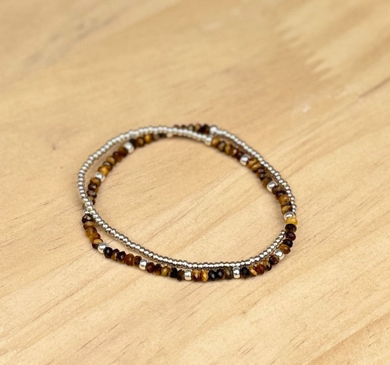 Tiger's Eye Gemstone Double-Wrap Stretchy Bracelet – Gold or Silver Accents