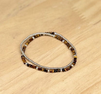 Tiger's Eye Gemstone Double-Wrap Stretchy Bracelet – Gold or Silver Accents
