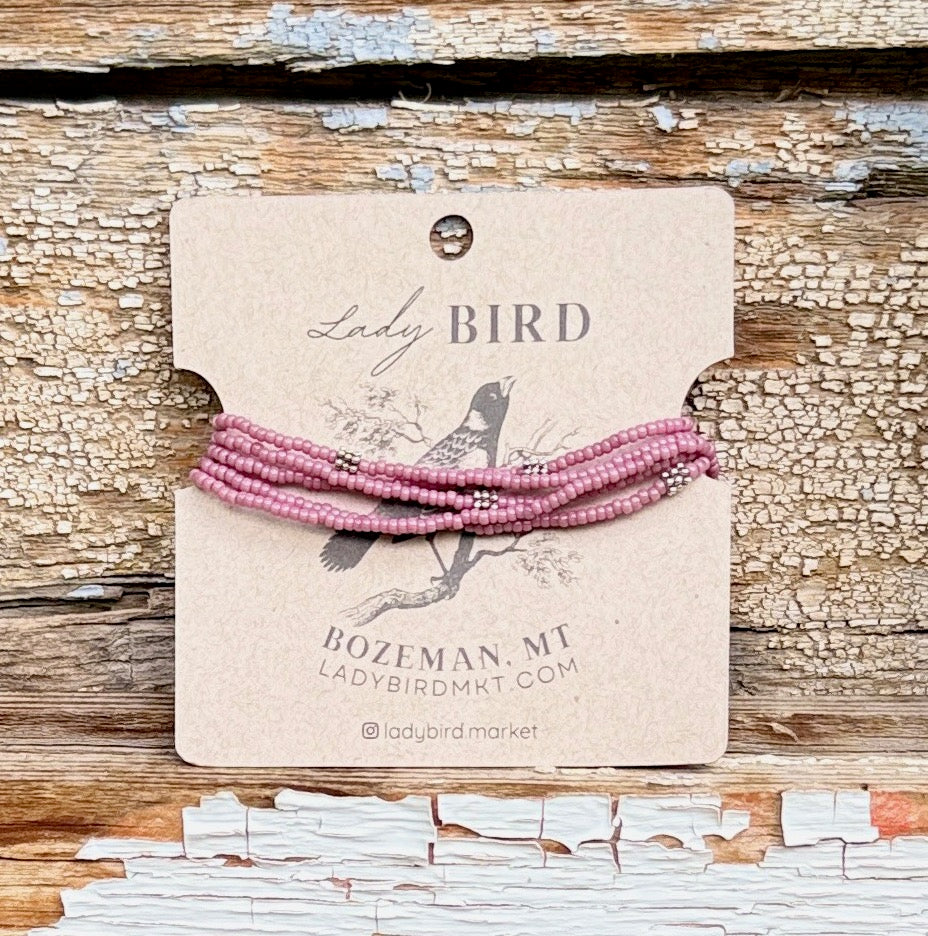 Pale Pink & Silver-Plated Beady Beads Seed Bead 5-Wrap Bracelet or 2x Necklace