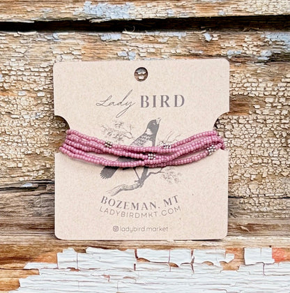 Pale Pink & Silver-Plated Beady Beads Seed Bead 5-Wrap Bracelet or 2x Necklace