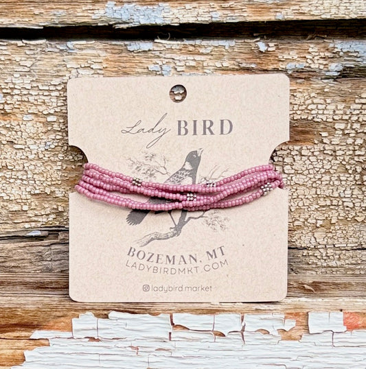 Pale Pink & Silver-Plated Beady Beads Seed Bead 5-Wrap Bracelet or 2x Necklace