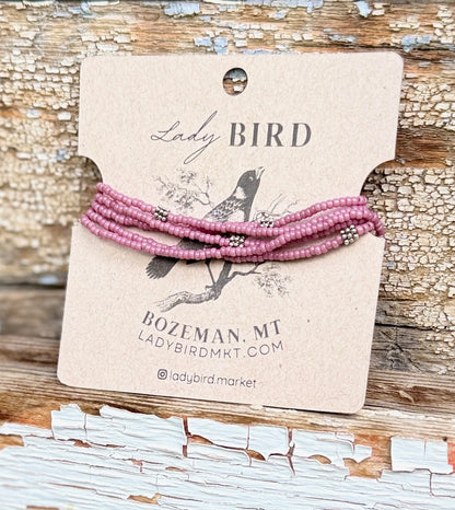 Pale Pink & Silver-Plated Beady Beads Seed Bead 5-Wrap Bracelet or 2x Necklace