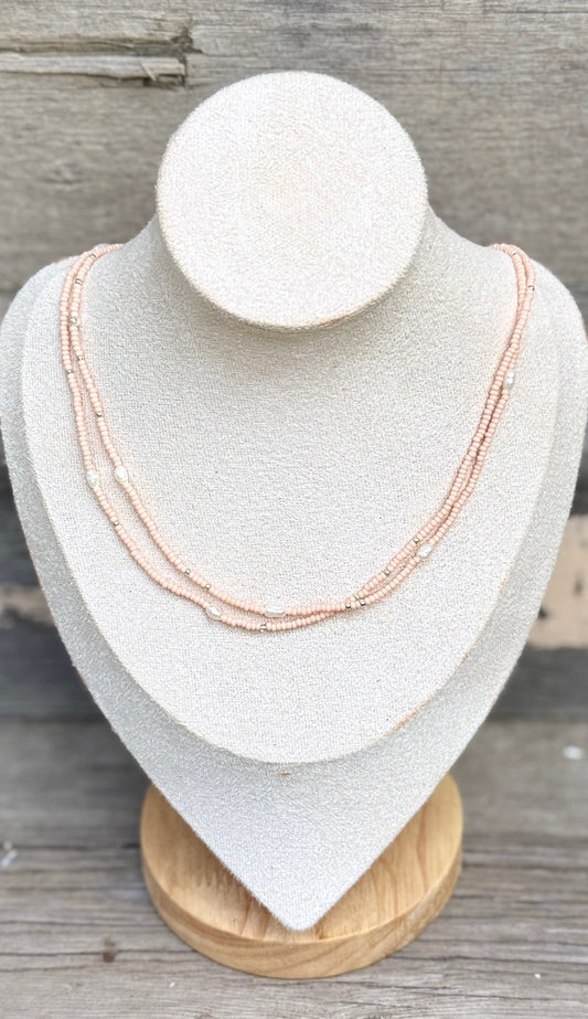 Tea Rose Soft Pink & Freshwater Pearl Seed Bead 5-Wrap Bracelet or 2x Necklace – Gold or Silver