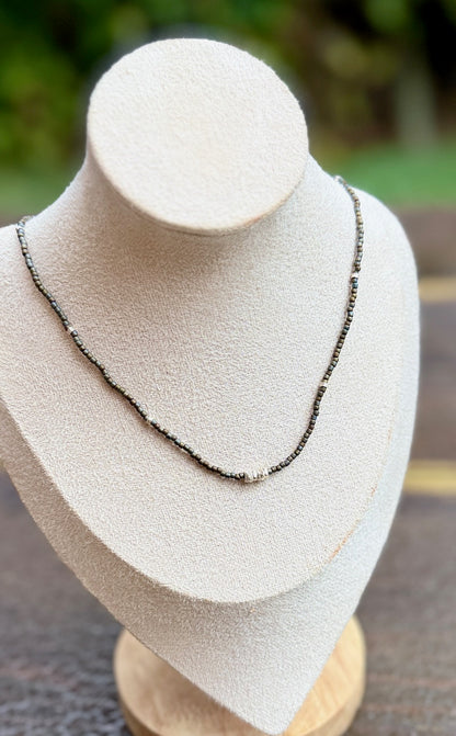 Smoky Grey Rainbow Seed Bead Necklace with Pure Thai Silver