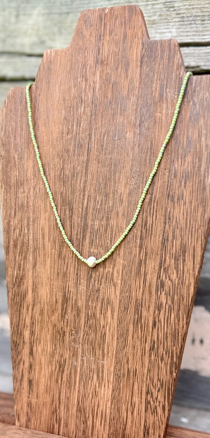 Melon Mist Pale Green Brushed Gold or Silver Pea Stretchy Seed Bead Necklace