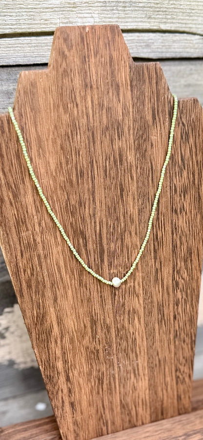 Melon Mist Pale Green Brushed Gold or Silver Pea Stretchy Seed Bead Necklace