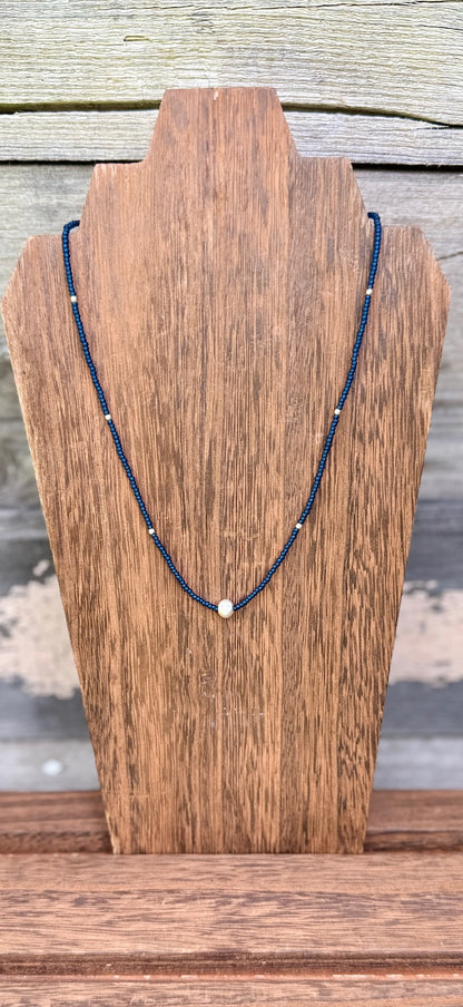 Navy Blue & Brushed Gold or Silver Pea Stretchy Seed Bead Necklace