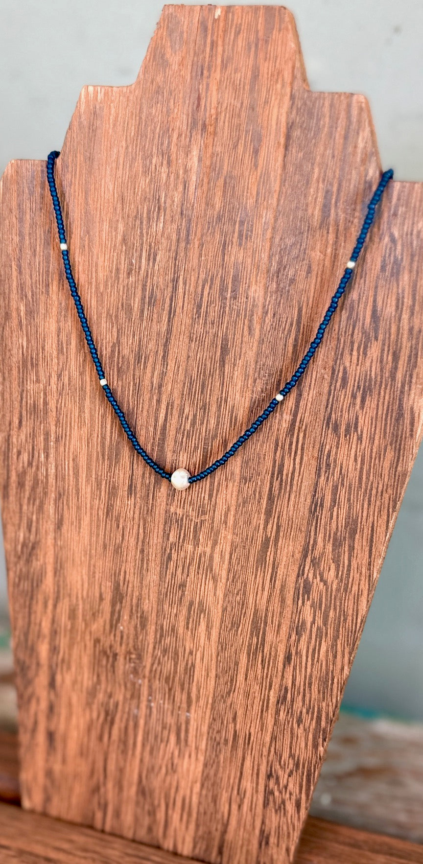 Navy Blue & Brushed Gold or Silver Pea Stretchy Seed Bead Necklace
