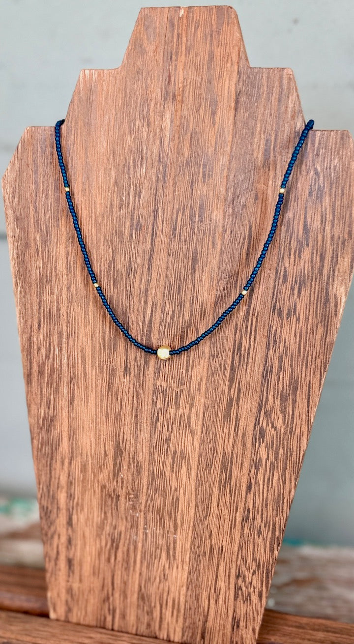 Navy Blue & Brushed Gold or Silver Pea Stretchy Seed Bead Necklace