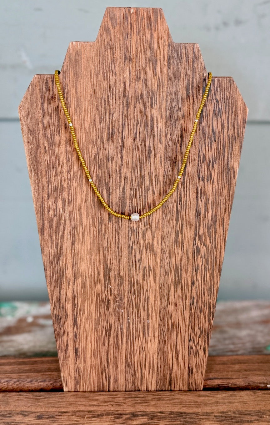 Burnt Yellow & Brushed Gold or Silver Pea Stretchy Seed Bead Necklace