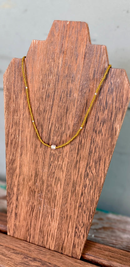 Burnt Yellow & Brushed Gold or Silver Pea Stretchy Seed Bead Necklace