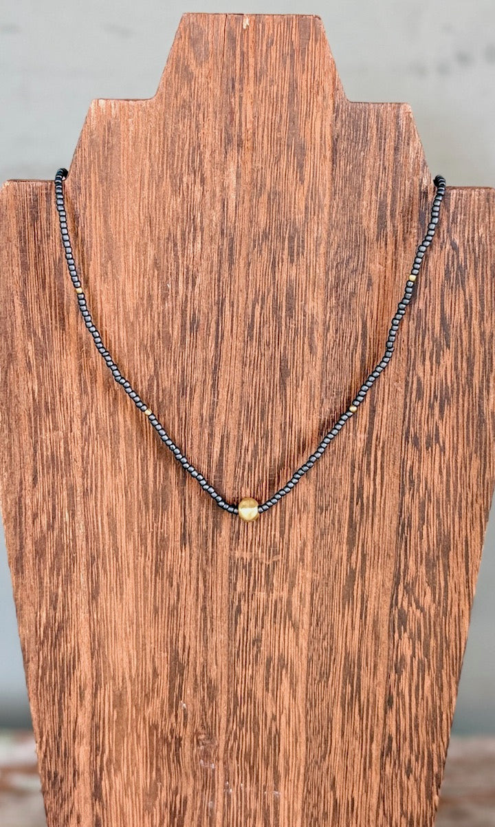 Steel Grey & Brushed Gold or Silver Pea Stretchy Seed Bead Necklace