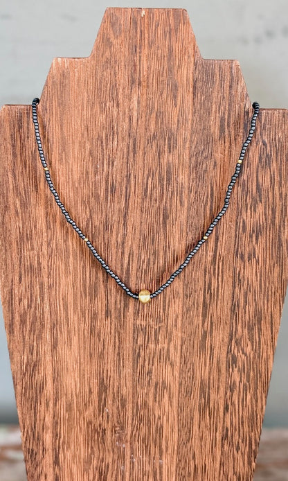 Steel Grey & Brushed Gold or Silver Pea Stretchy Seed Bead Necklace