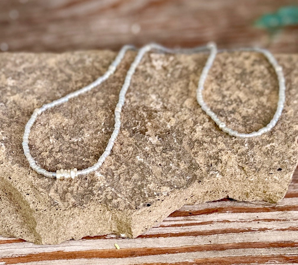 Pearlescent Moonstone Seed Bead Necklace with Pure Thai Silver
