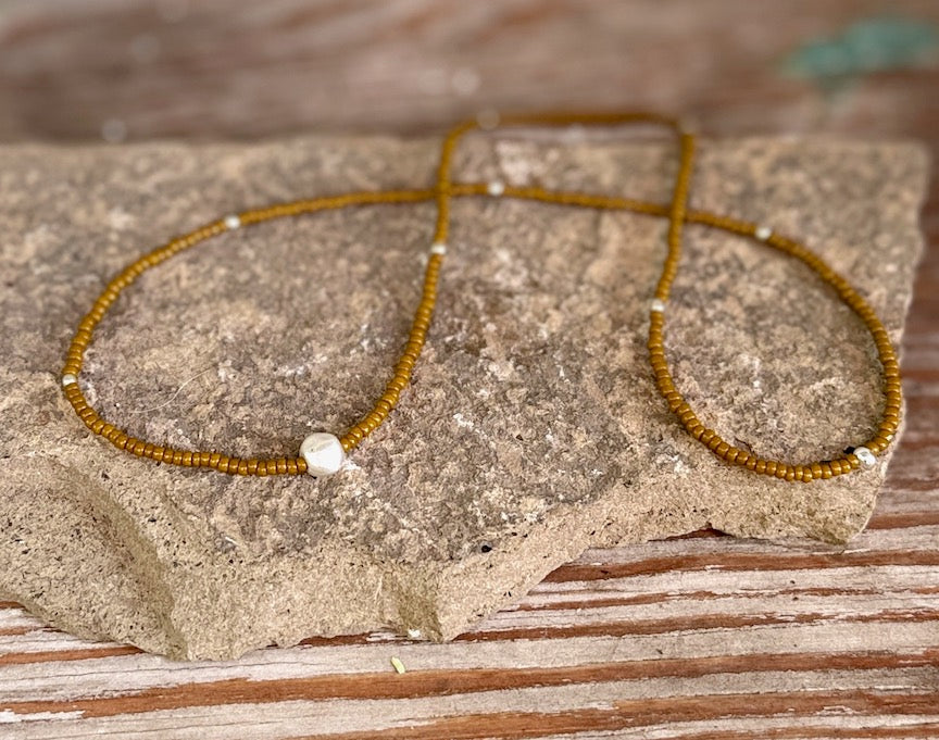 Burnt Yellow & Brushed Gold or Silver Pea Stretchy Seed Bead Necklace
