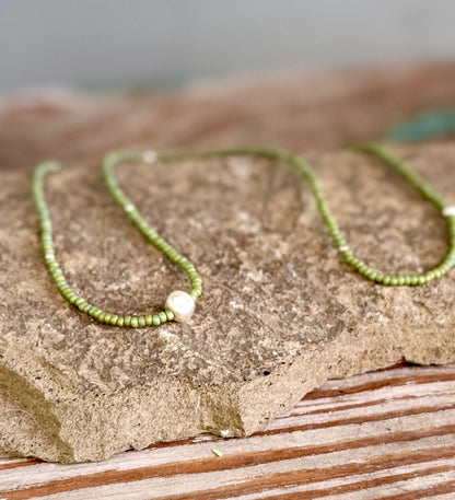 Melon Mist Pale Green Brushed Gold or Silver Pea Stretchy Seed Bead Necklace