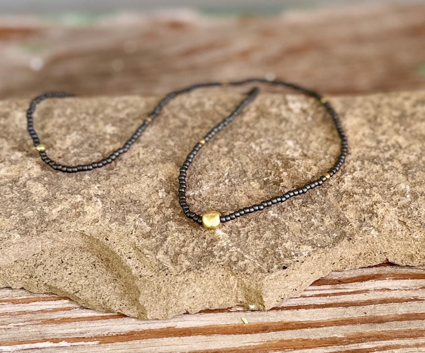 Steel Grey & Brushed Gold or Silver Pea Stretchy Seed Bead Necklace