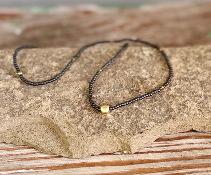 Steel Grey & Brushed Gold or Silver Pea Stretchy Seed Bead Necklace