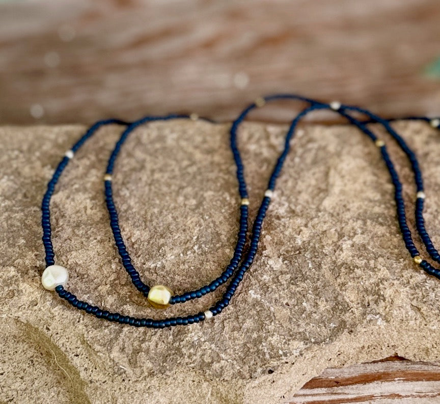 Navy Blue & Brushed Gold or Silver Pea Stretchy Seed Bead Necklace