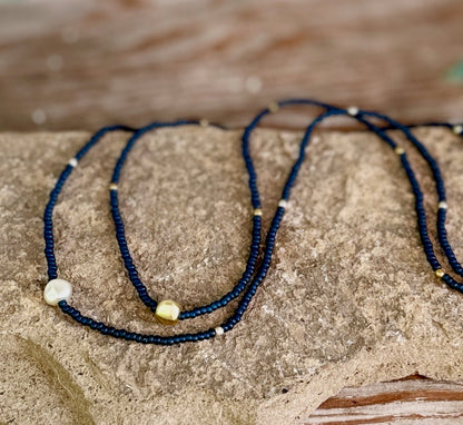 Navy Blue & Brushed Gold or Silver Pea Stretchy Seed Bead Necklace