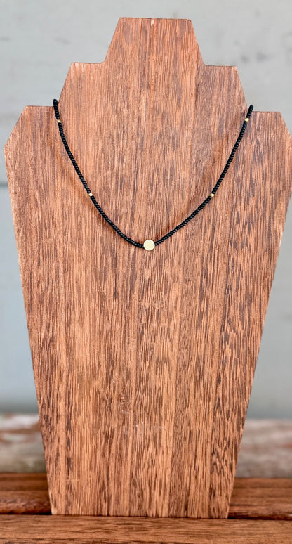 Jet Black Stretchy Seed Bead Necklace with Gold Full Moon