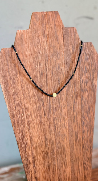 Jet Black Stretchy Seed Bead Necklace with Gold Full Moon
