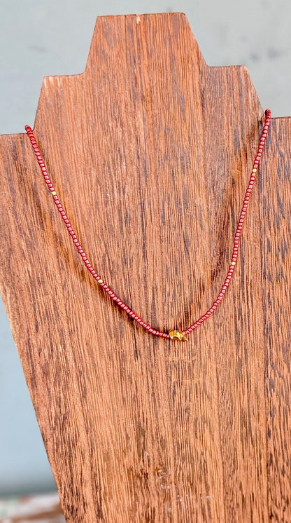 Shiny Ruby Red Stretchy Seed Bead Necklace with Gold Nuggets