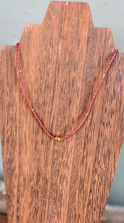 Shiny Ruby Red Stretchy Seed Bead Necklace with Gold Nuggets
