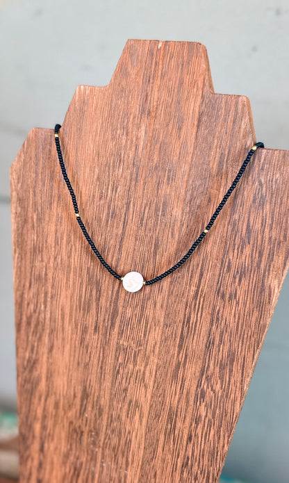 Jet Black Stretchy Seed Bead Necklace with Freshwater Pearl Coin