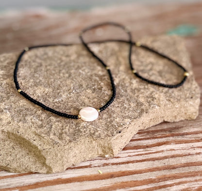 Jet Black Stretchy Seed Bead Necklace with Freshwater Pearl Coin