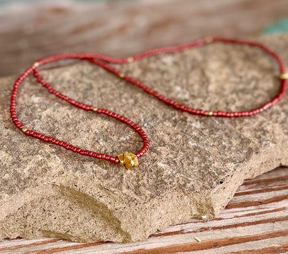 Shiny Ruby Red Stretchy Seed Bead Necklace with Gold Nuggets