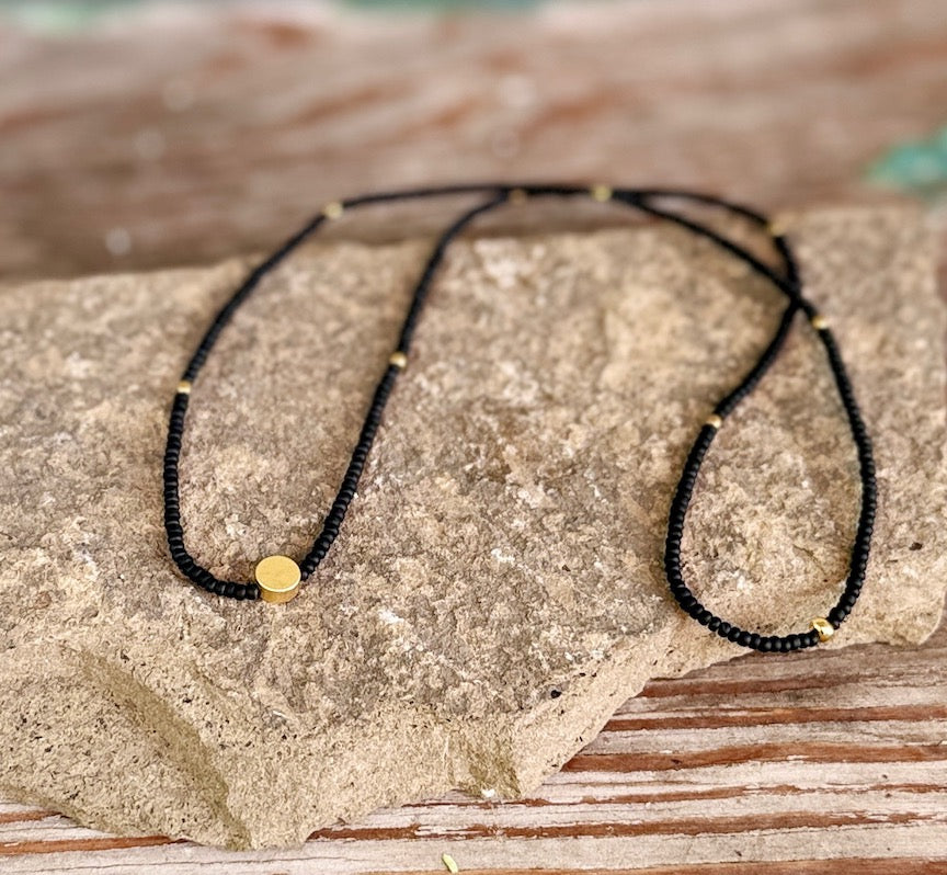 Jet Black Stretchy Seed Bead Necklace with Gold Full Moon