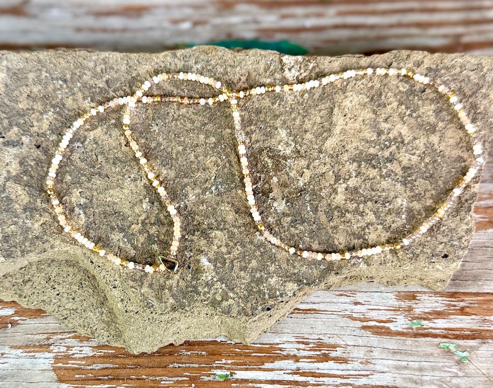 Desert Sands Neutral Seed Bead Necklace with Gold Rectangle Charm
