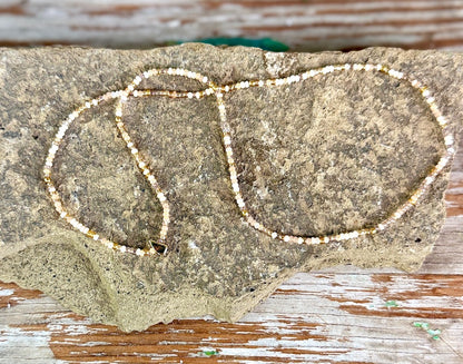 Desert Sands Neutral Seed Bead Necklace with Gold Rectangle Charm