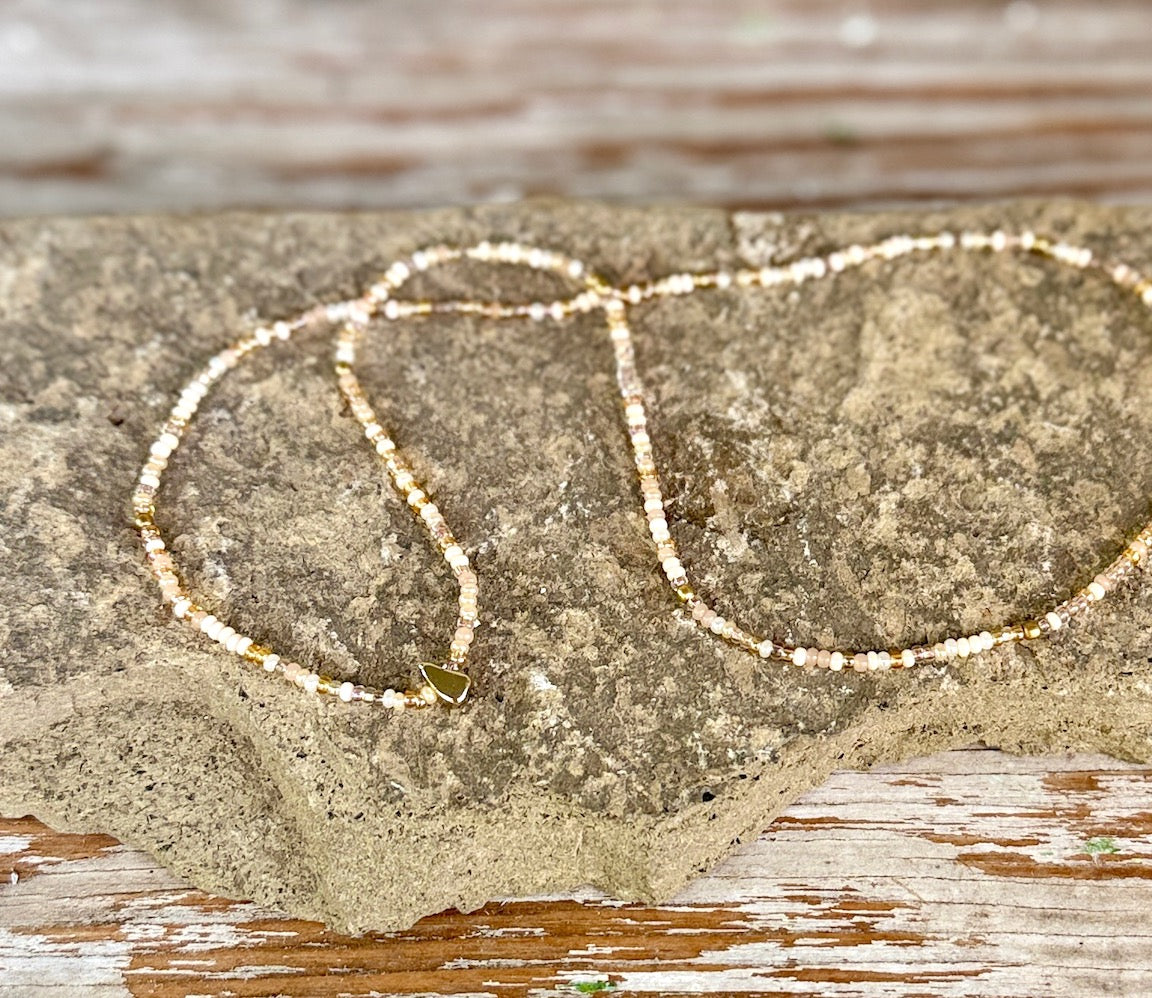 Desert Sands Neutral Seed Bead Necklace with Gold Rectangle Charm