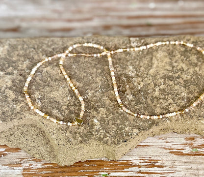Desert Sands Neutral Seed Bead Necklace with Gold Rectangle Charm