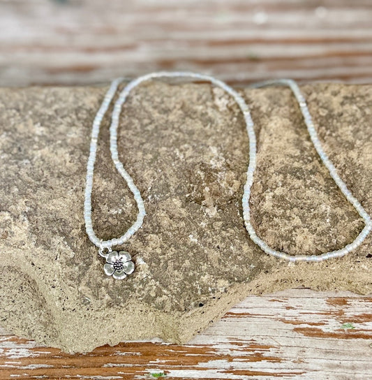 Moonstone Pearlescent Seed Bead Necklace with Silver Flower Charm