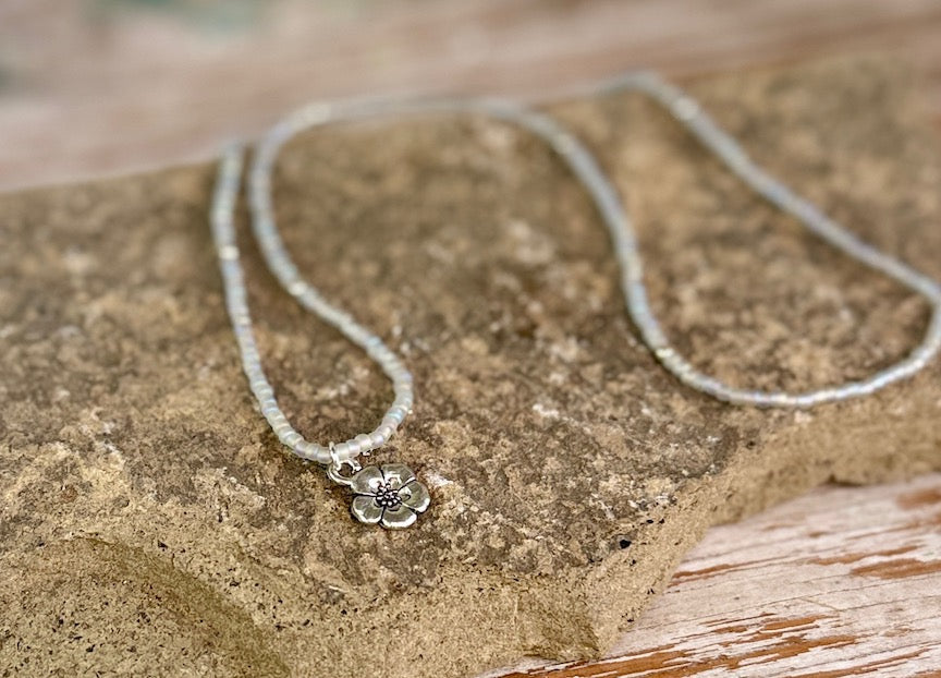 Moonstone Pearlescent Seed Bead Necklace with Silver Flower Charm
