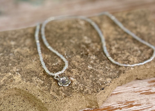 Moonstone Pearlescent Seed Bead Necklace with Silver Flower Charm