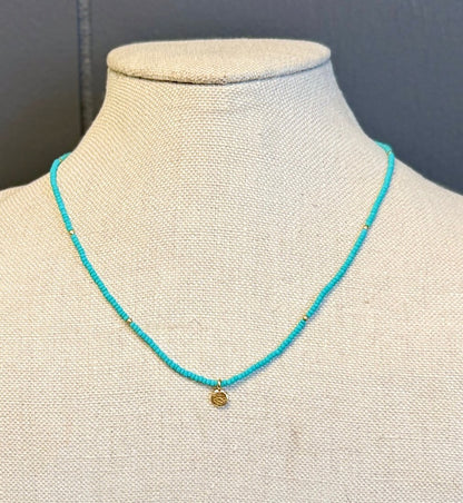 Turquoise Seed Bead Pendant Necklace with Stamped Gold or Antique Silver Circle Charm