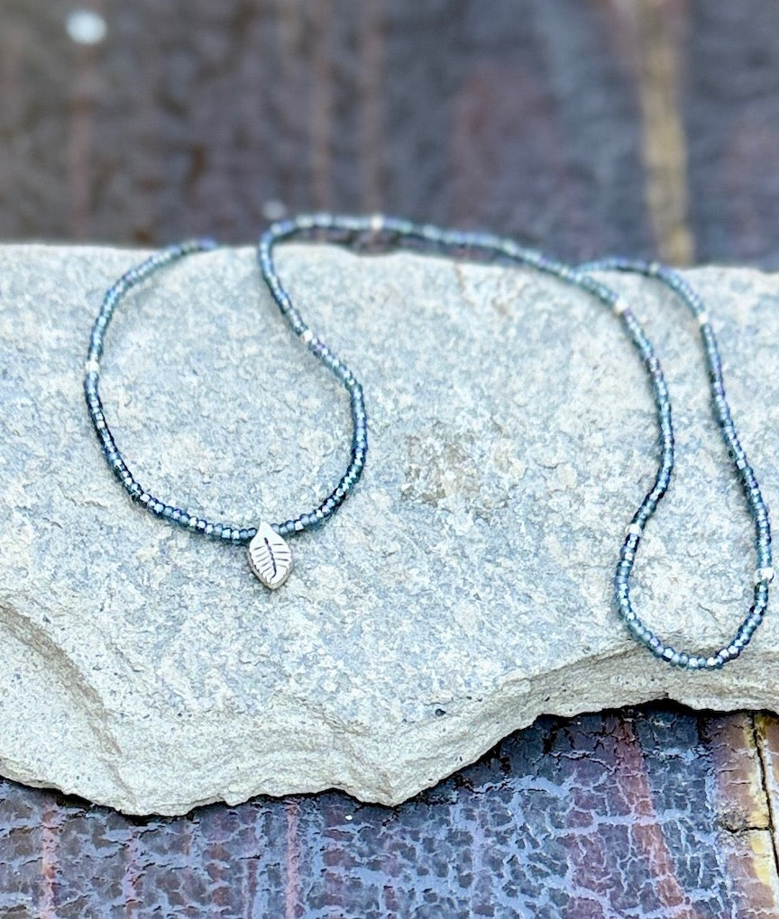 Midnight Shimmery Black Seed Bead Silver Leaf Pendant Necklace