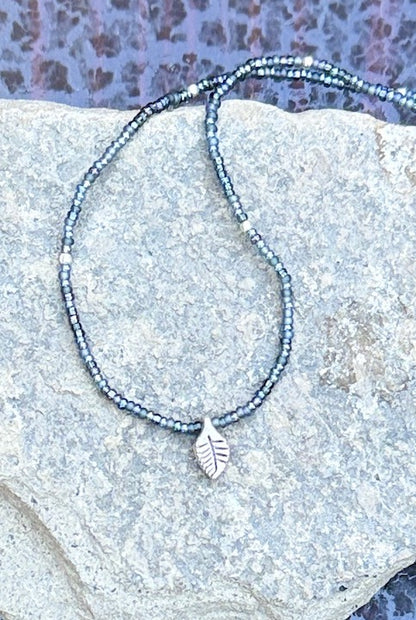 Midnight Shimmery Black Seed Bead Silver Leaf Pendant Necklace