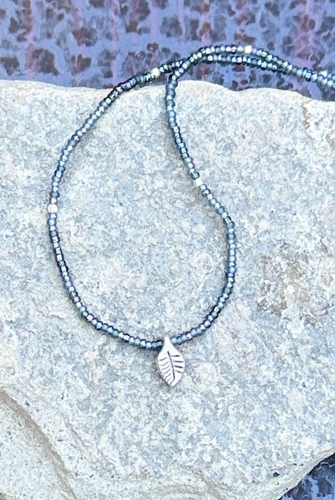 Midnight Shimmery Black Seed Bead Silver Leaf Pendant Necklace