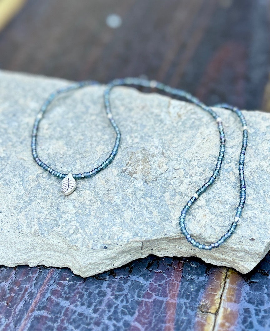 Midnight Shimmery Black Seed Bead Silver Leaf Pendant Necklace