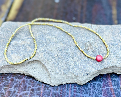 Speckled Beige Seed Bead Necklace with Red Coral Gemstone Pendant - Silver or Gold
